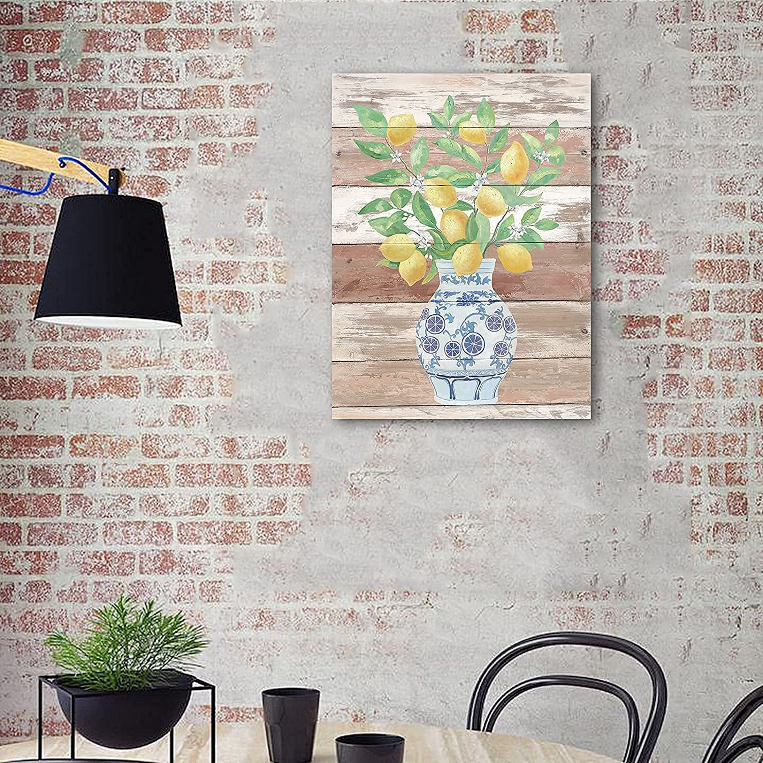 Lemon Wall Art Print Yellow Fruit White Flower and Green Leaves Branches in Blue And White Porcelain Floral Vase Poster Picture Farmhouse Decor Painting Unframed