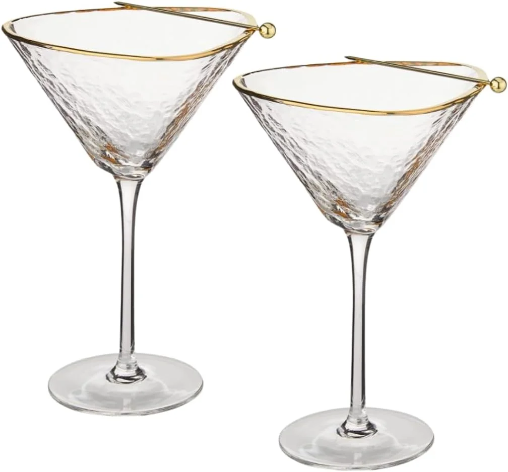 Handmade Hammered Martini Glasses With Rim - Rimmed Martini Glasses Set Of 2 And 2 -Plated Cocktail Picks, Unique Martini Glass. Perfect For Cocktails.