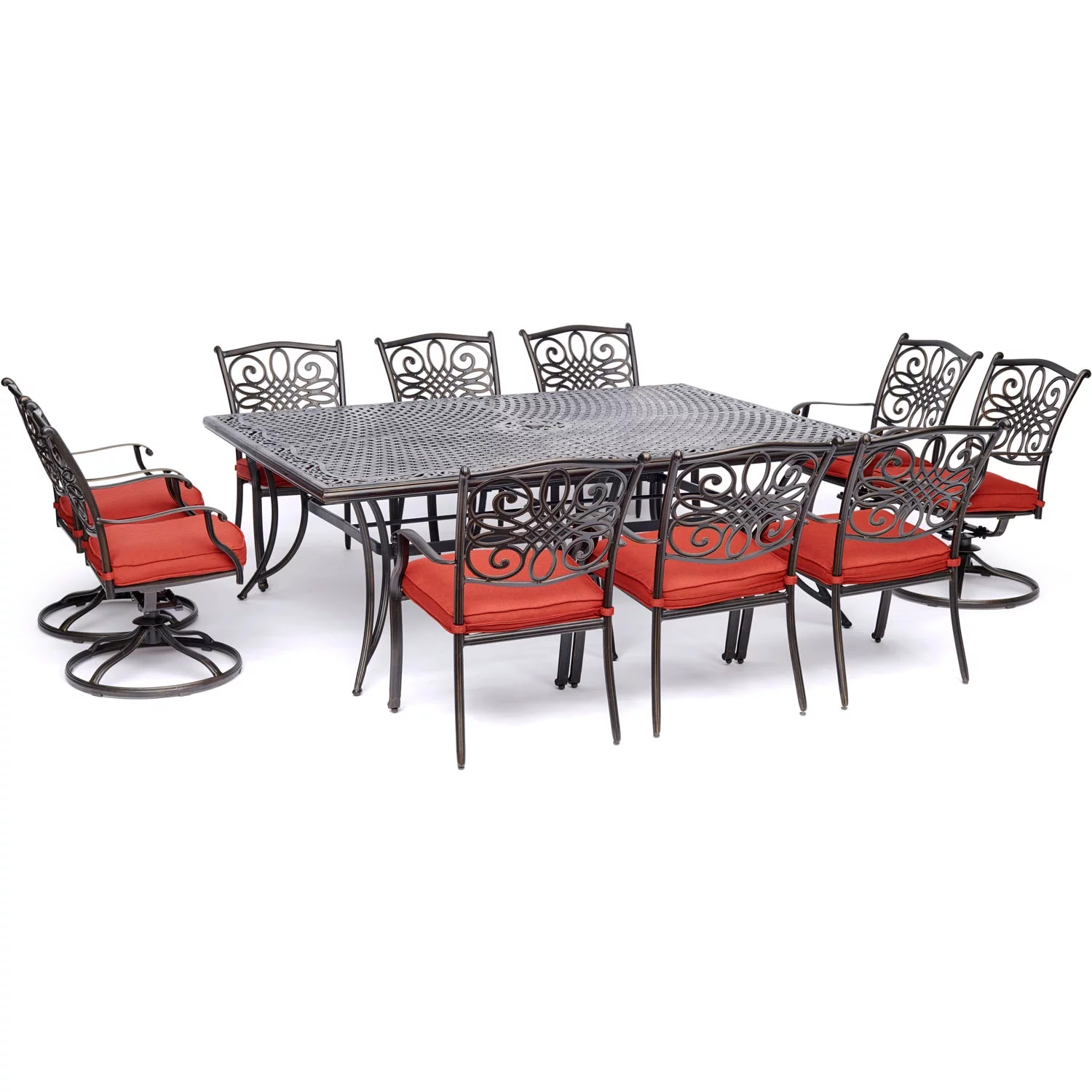 Hanover Traditions 11-Piece Outdoor Dining Set with Cast-Top Table, 4 Swivel Rockers and 6 Stationary Chairs