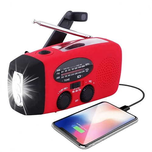 Emergency Hand-Crank Radio – Portable Self-Powered AM/FM/NOAA Weather Radio with Solar & Hand-Crank Charging, LED Flashlight, USB Rechargeable, 2000mAh Power Bank for Cell Phone – Red