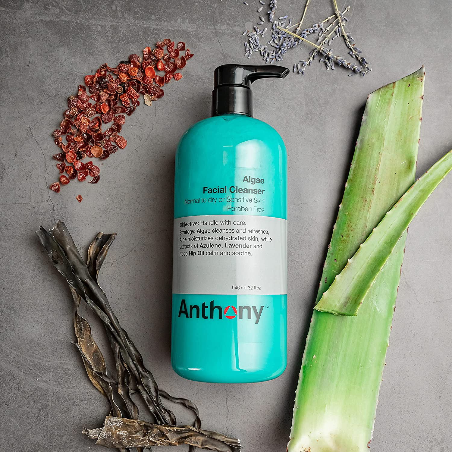 Anthony Algae Facial Cleanser, 32 Fl Oz. Contains Algae, Aloe Vera, Azulene, Lavender and Rose Hip Oil, Cleanses and Refreshes, Moisturizes and Hydrates, Calms and Soothes Your Skin Pack of 2