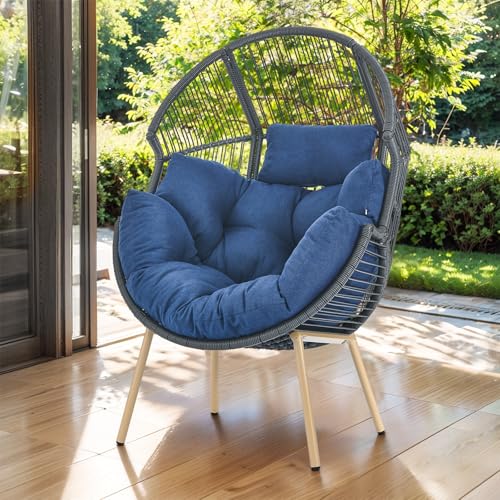 Outdoor Wicker Egg Chair - 300 LBS Weight Capacity Single Patio Egg Lounge Chair with Water Resistant Cushion for Porch Balcony Sunroom, Yellow Wicker Beige Cushion