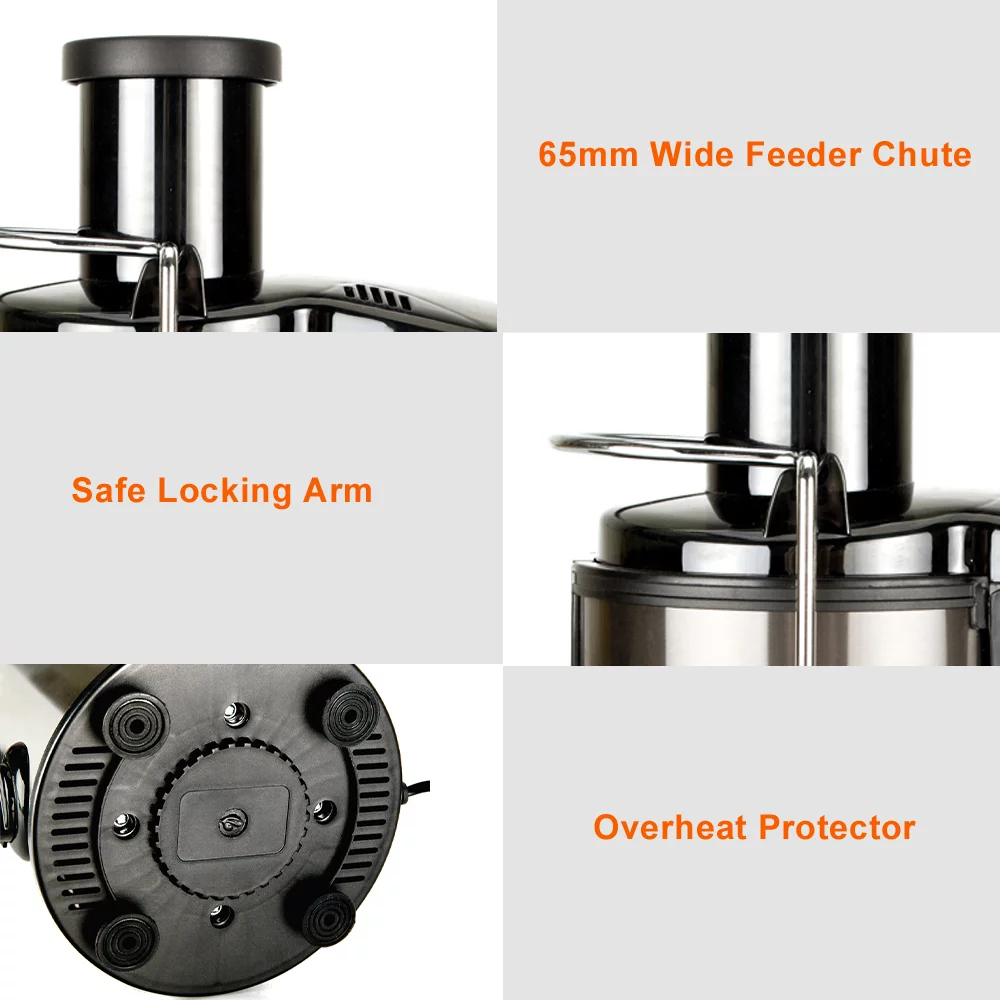 Xhy Electric Juicer with 2 speeds, Easy Clean, 65mm wide mouth, Stainless Steel (BPA Free), Black