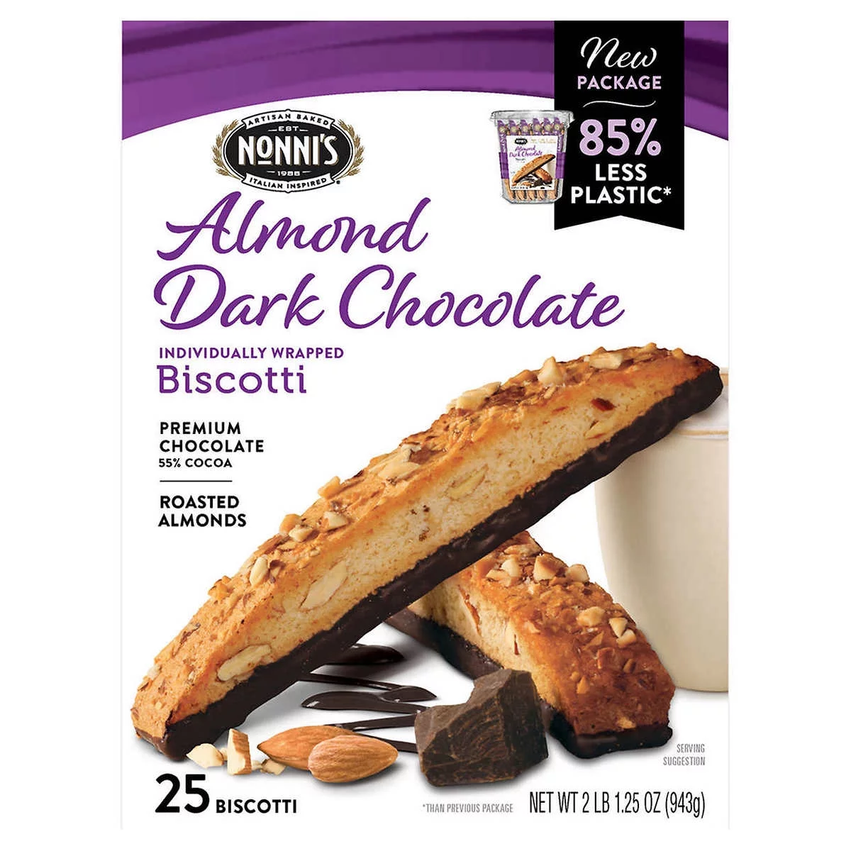Nonnis Biscotti Almond Dark Chocolate 1.33 Ounce (25 Count)