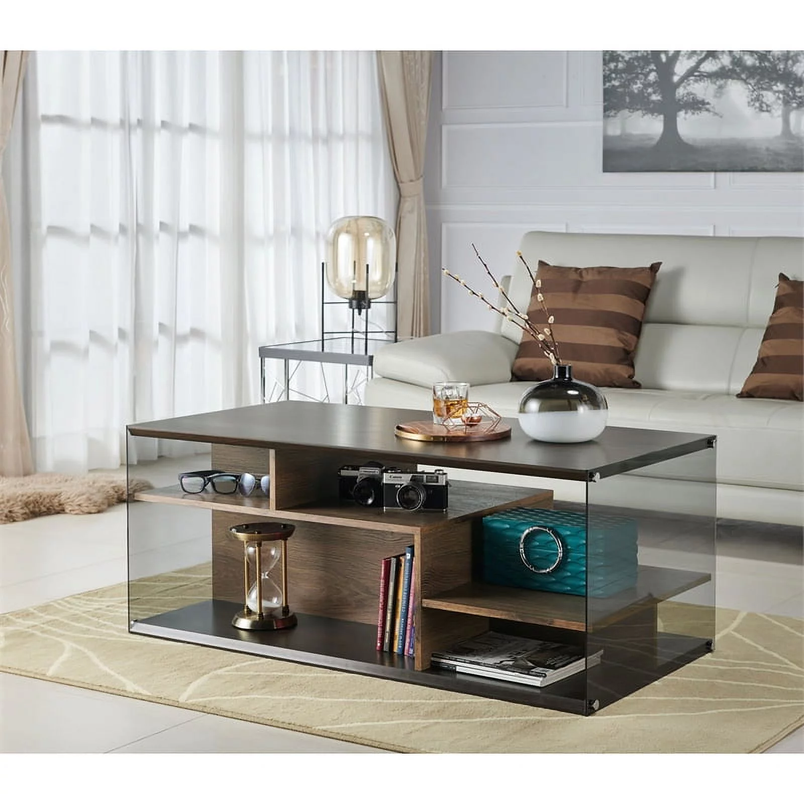 Bowery Hill Geometric Design Modern Wood Storage Coffee Table in Oak