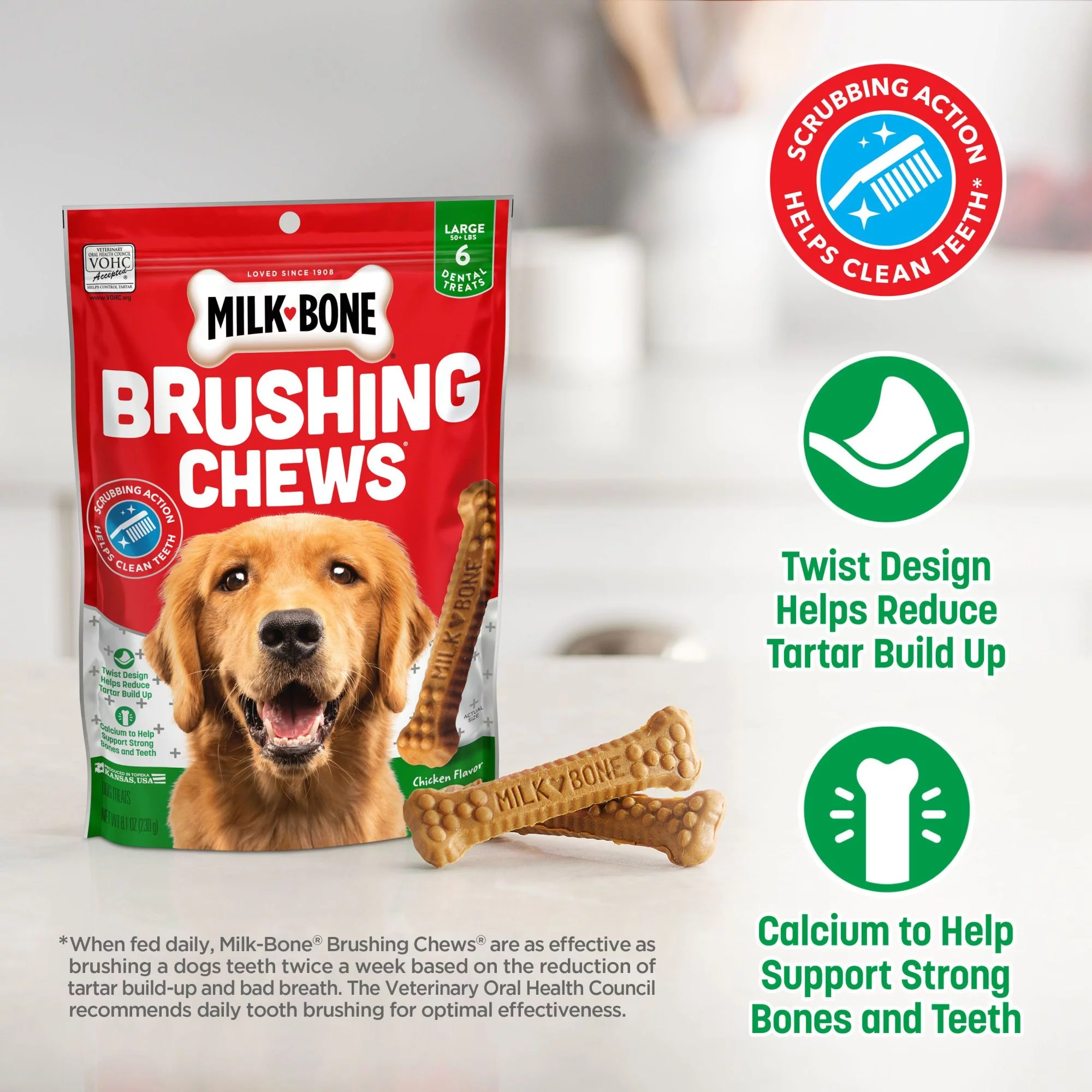 Milk-Bone Brushing Chews Daily Dental Dog Treats, Large, 24.2 oz. Bag, 18 Bones per Bag