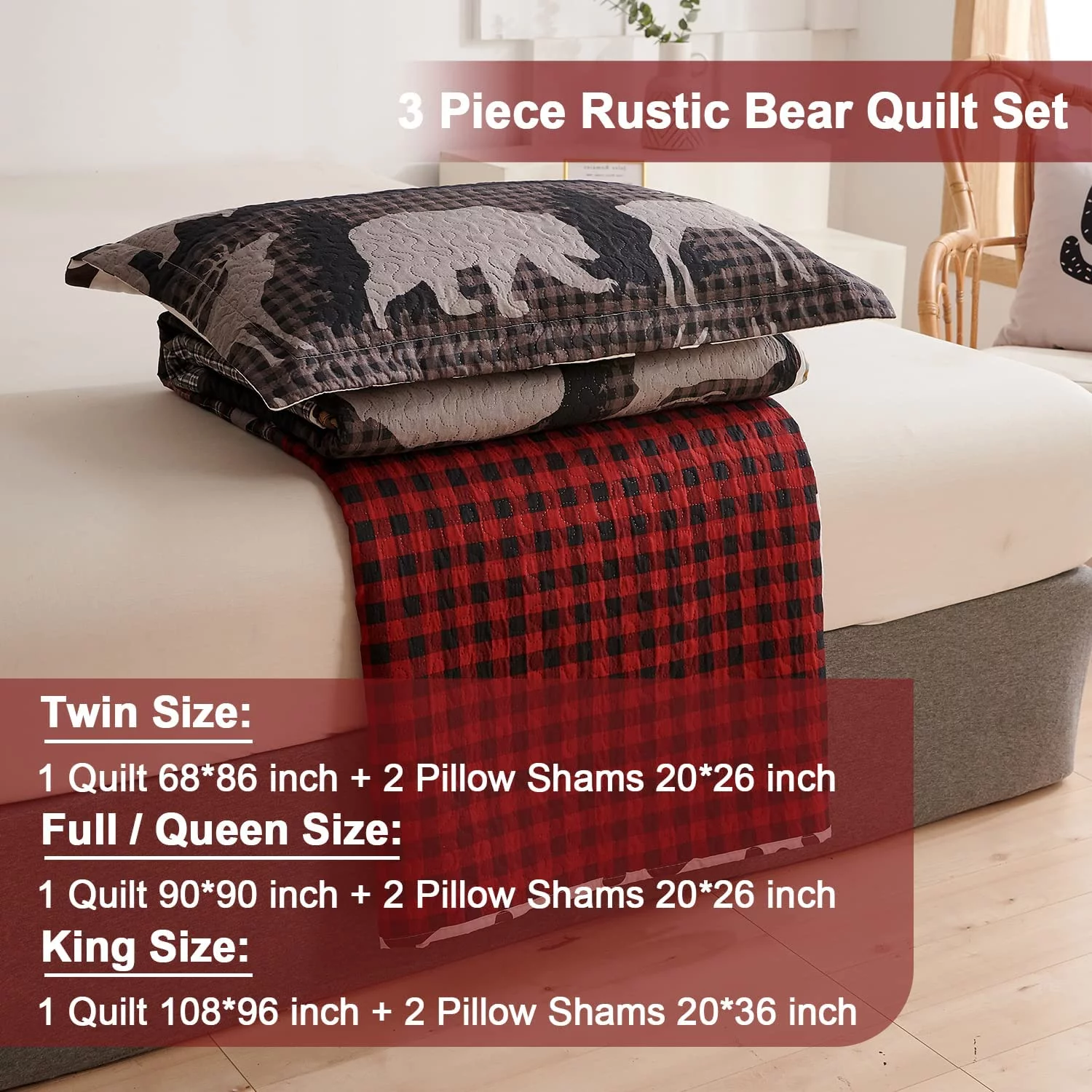 Jessy Home Deer Bear Quilt Queen Rustic Bedspread Red Black Microfiber Coverlet Set