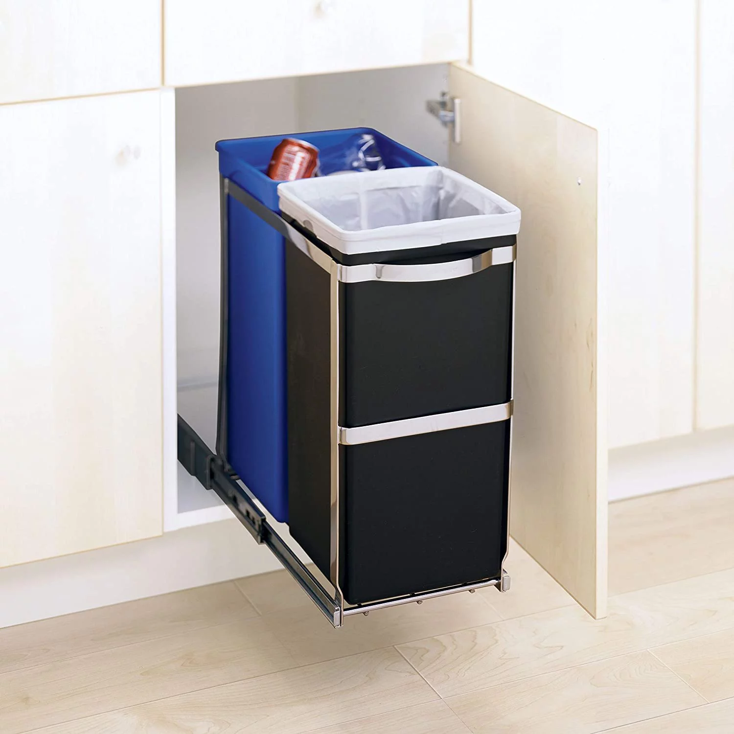 35 Liter / 9.3 Gallon Dual Compartment Under Counter Kitchen Cabinet Pull-Out Recycling Bin and Trash Can