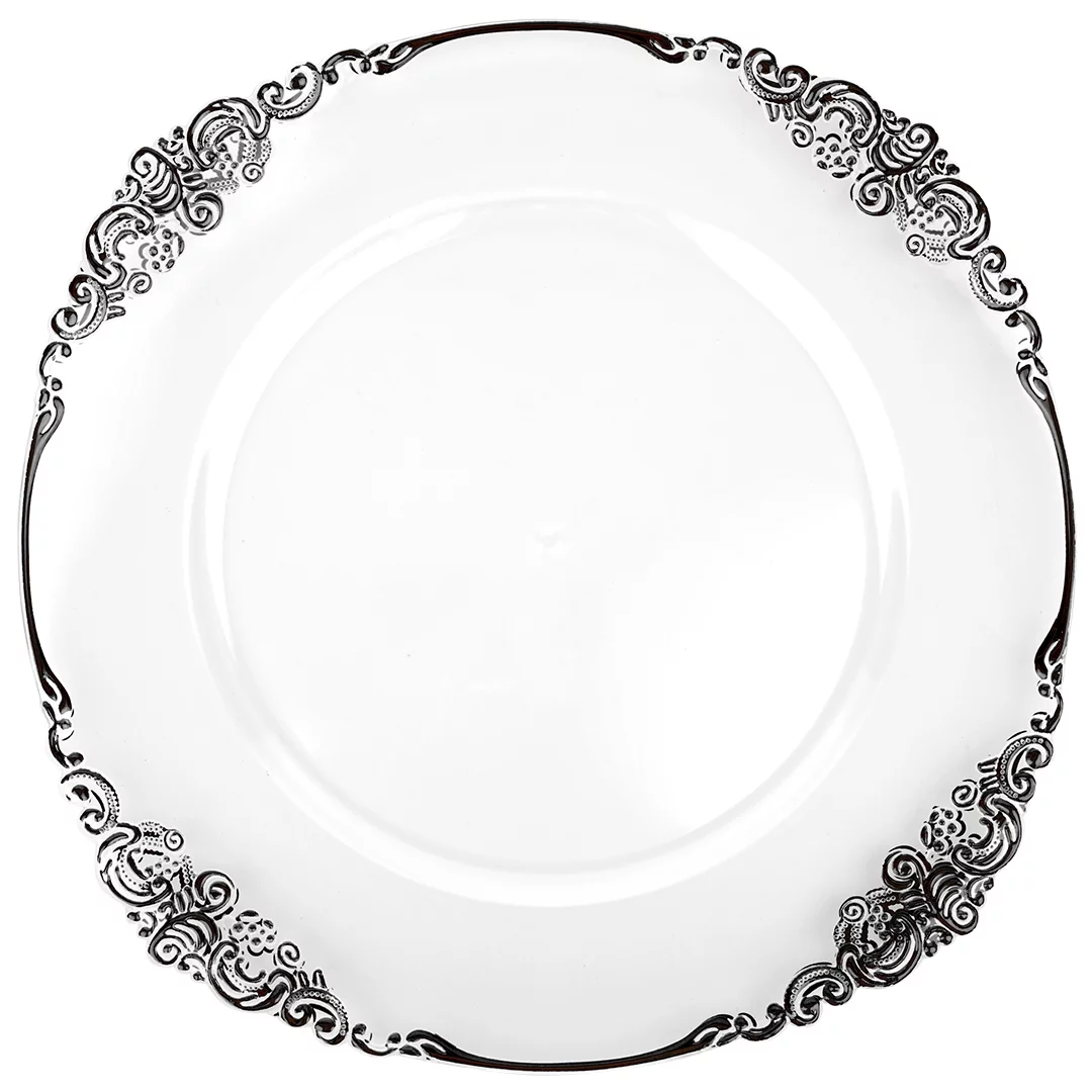 Koyal Wholesale Clear Acrylic Vintage Charger Plates with Black Rim for Weddings Birthdays Quinceaneras Events Set of 4