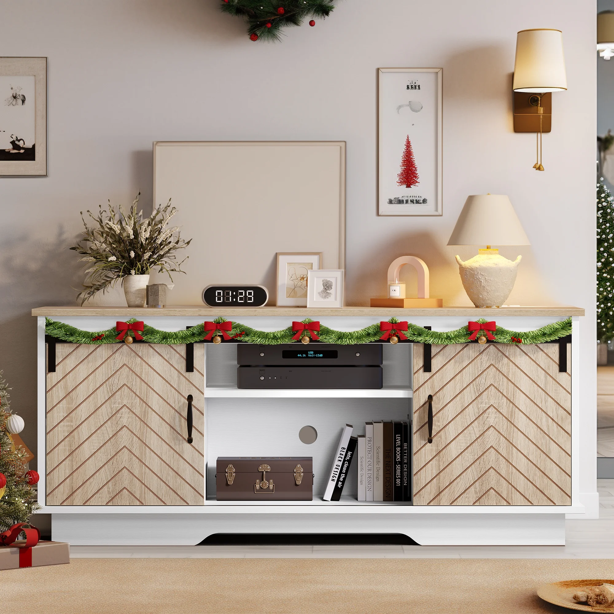 DWVO Farmhouse TV Stand for TVs up to 65 inch, Wood Entertainment Center W/ Outlets & USB Ports, Media Console Cabinet, Oak