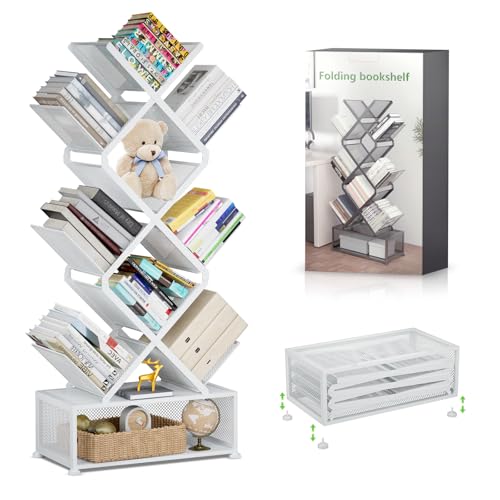 9 Tier Folding Tree Bookshelf, Tall Bookcase with Storage Cabinet, Modern Narrow Bookshelves Organizer, Floor Standing Book Shelf for Bedroom/Living Room/Home Office/Corner (Black)