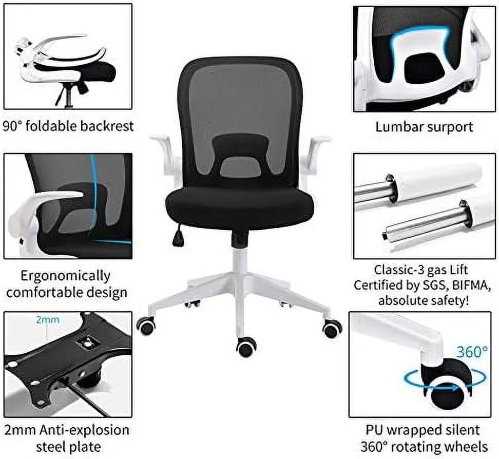 xrboomlife Home Office Desk and Chair Set  Breathable Mesh Computer Chair and Modern Glass Top Computer Desk with Metal Frame  Flip-Up Arms Foldable Backrest Rolling Swivel Chair  Home St