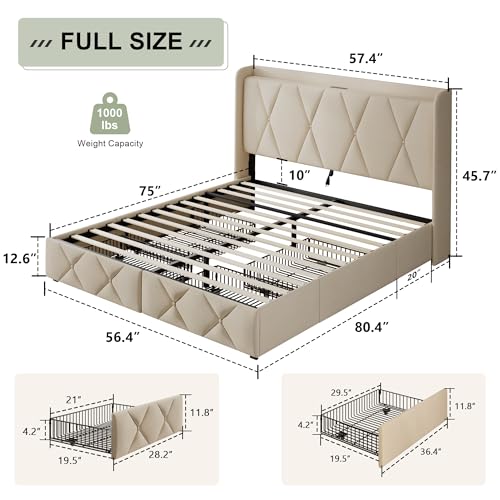 Feonase Twin Bed Frame with 3 Storage Drawers, Upholstered Platform Bed with Charging Station, Wingback Storage Headboard, Wooden Slats Support, No Box Spring Needed, Easy-Assembly, Light Grey