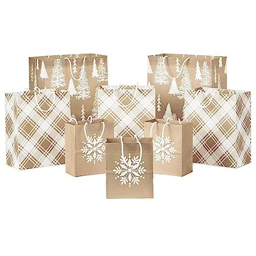 Hallmark Assorted Christmas Gift Bags, Recyclable Kraft Brown with Snowflake, Plaid and Trees (8 Bags: 3 Small 6