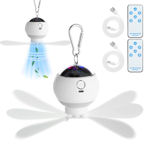 2 Sets Camping Fan with Star Projector 3 in 1 Rechargeable Ceiling Fan with LED Lantern Portable Tent Fans for Camping Hanging with Remote Control Outdoor Camping RV Essentials Indoor Decor