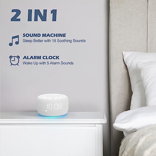 Buffbee Sound Machine & Alarm Clock 2-in-1, 18 Soothing Sound, 7 Night Light, Sleep Timer, Precise 30-Level Volume Control White Noise Machine