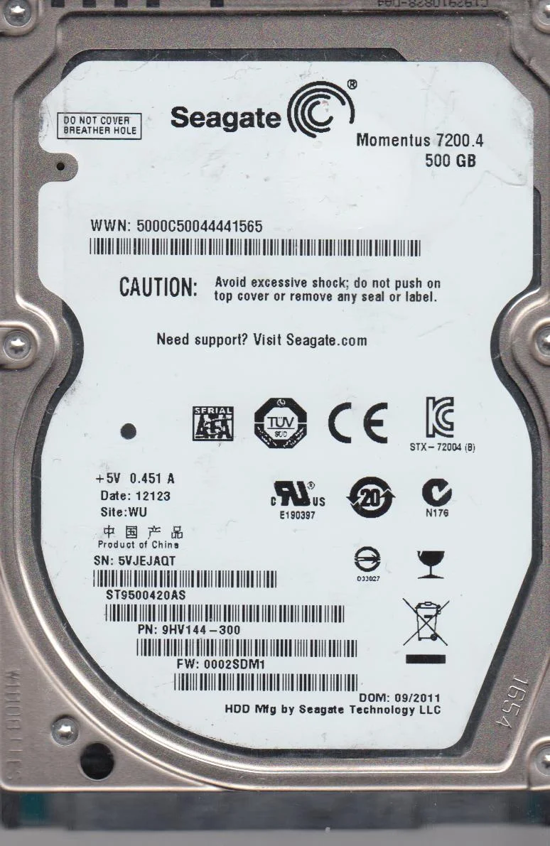 ST9500420AS, 5VJ, WU, PN 9HV144-300, FW 0002SDM1, Seagate 500GB SATA 2.5 Hard Drive