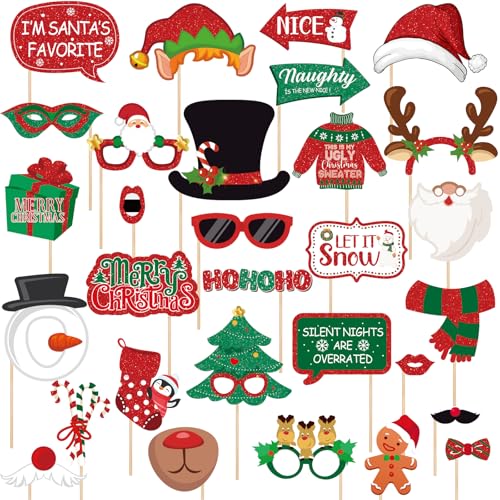 Glitter Christmas Photo Booth Props 30pc Set Photo Backdrop Christmas Party Selfie Prop for Holiday Xmas Party Supplies
