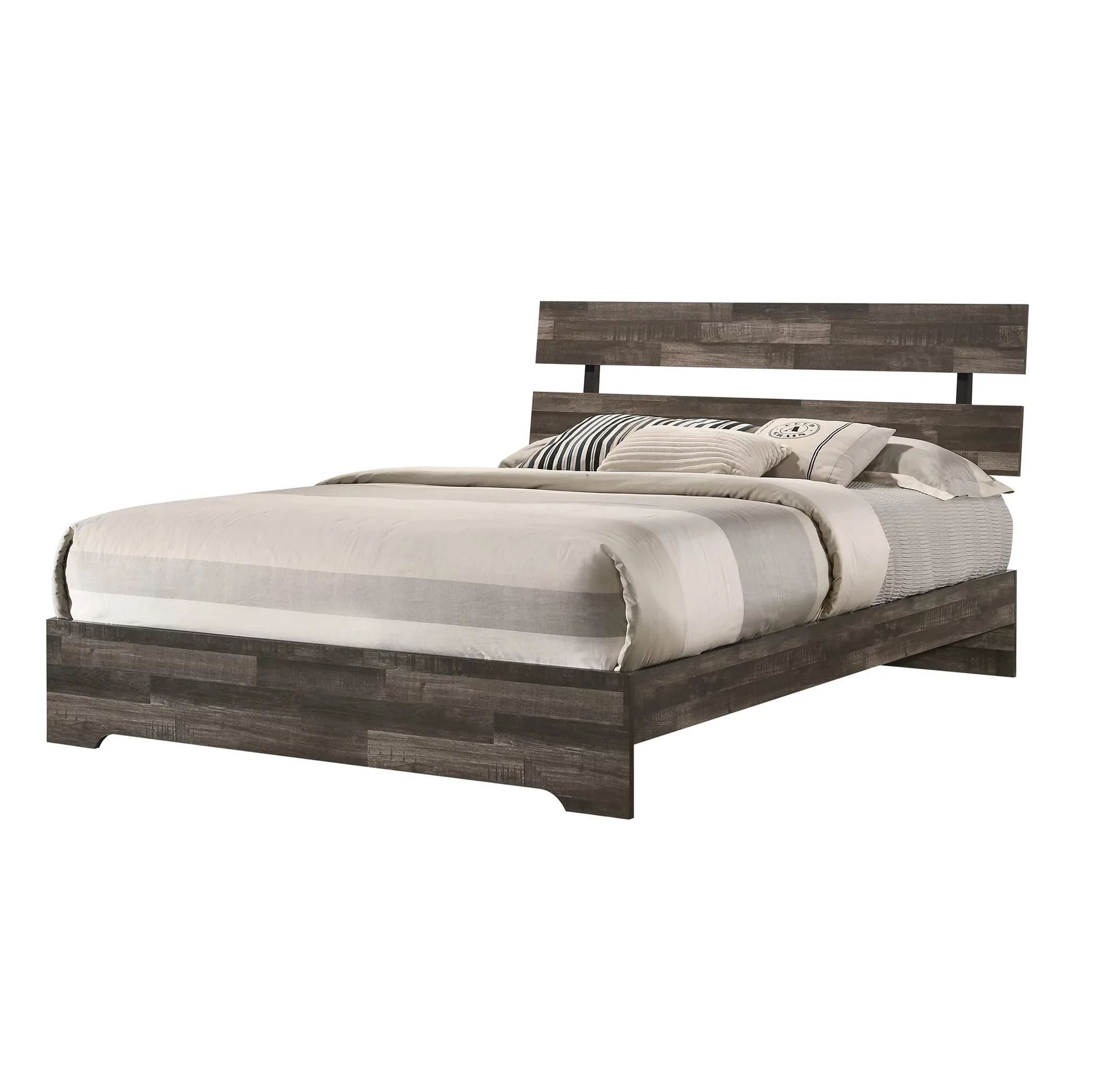 Rustic Brown Finish 4pc Queen Size Platform Bedroom Set Bed Dresser Mirror Nightstand Wooden Furniture