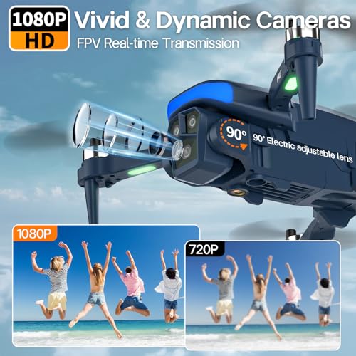 K417 Drone with 2 Cameras 1080P HD 90°Electric Adjustable FPV Drone Transmission,Blue LED Light Foldable Lightweight Remote Control Optical Flow Positioning Altitude Hold 3D Flip,for Adults Beginner