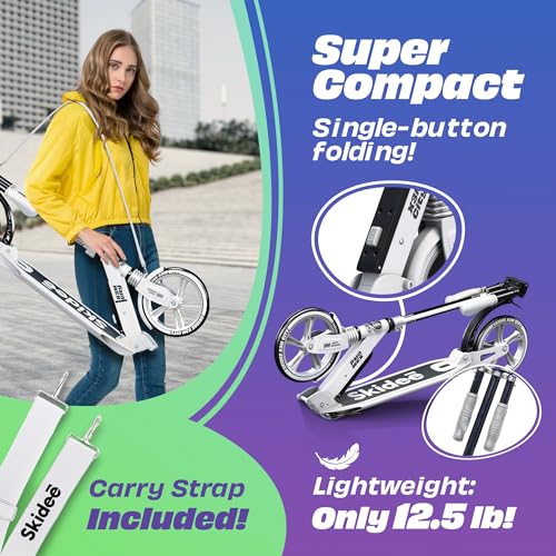 Skidee Adult & Teen Scooter Adjustable Height, Folding, Large Wheels, Lightweight, Durable, Anti-Shock Suspension, Up to 220 lbs