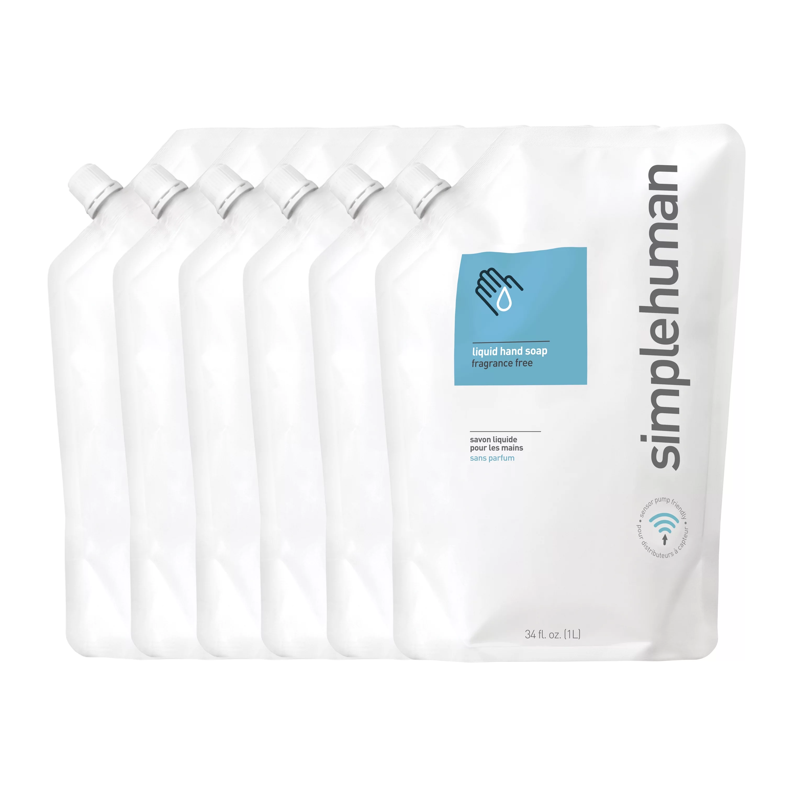 simplehuman Fragrance Free Moisturizing Liquid Hand Soap Refill Pouch, 34 Fl. Oz. (Pack of 6)