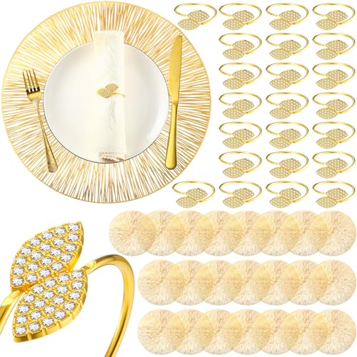 100 Set Gold Round Placemats and Napkin Rings Bulk 15 Inch Dinner Placemats Leaves Napkin Rings Metallic Round Place Mats Sequin Table Mats for Wedding Kitchen Leaf Dining Table Decoration