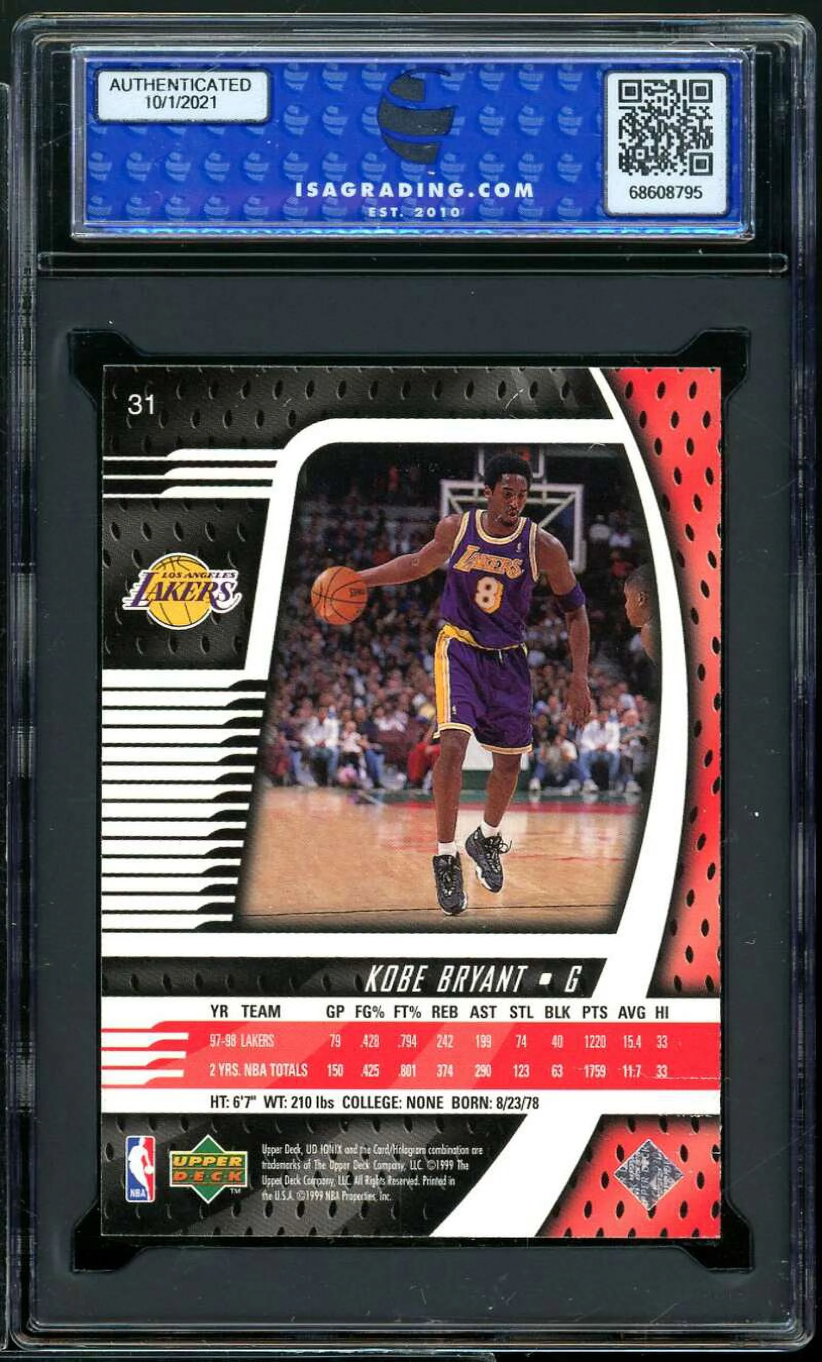 Kobe Bryant Card 1998 Upper Deck Ionix #31 ISA 10 GEM MINT