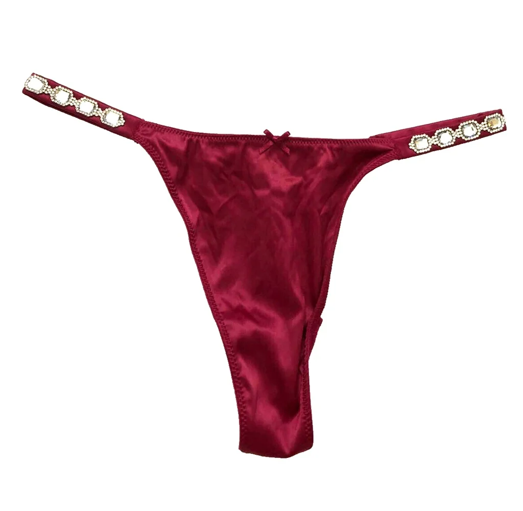 Victoria's Secret Dream Angels Bejeweled Strap Satin Thong Panty Claret Red Size X-Small NWT