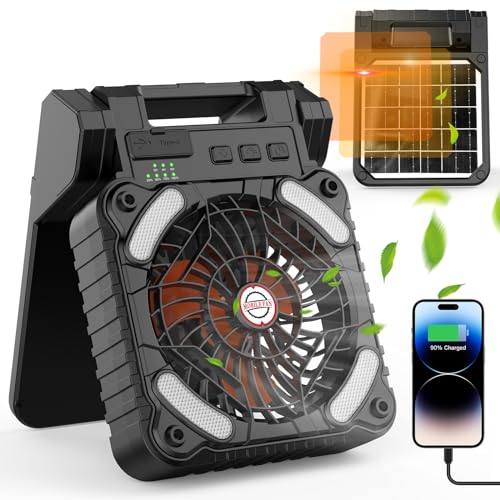 Solar Camping Fan with 10400mAh Built-in Rechargeable Battery,Dual-Power Outdoor Fan,Portable Fan with Timer,Phone Charging,LED Lantern,for Camping,Fishing,Power Outage,Hurricane(Black-Orange)