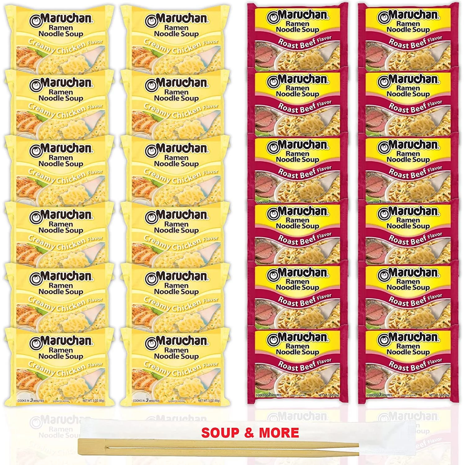 Maruchan Ramen Instant Noodle Soup Variety, 2 Flavors - 12 Packs Creamy Chicken & 12 Packs Roast Beef , 3 Ounce Single Servings Lunch / Dinner Variety