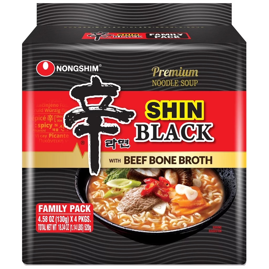 Nongshim Shin Black Spicy Beef & Bone Broth Ramyun Premium Ramen Noodle Soup Pack, 4.58oz X 4 Count ,Pack Of 4