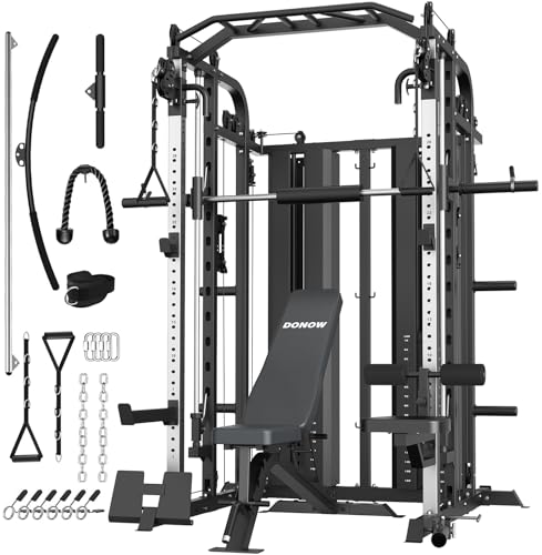 DONOW Smith Machine with Weight Stacks Power Cage Squat Rack Dual Cable Crossover Machine Home Gym Systems Station LAT Pull Down