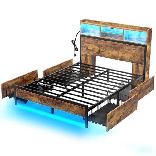 Rolanstar Queen Bed Frame with Storage,4-Drawer Platform Bed with USB Charging Station,Built in LED Lights and Bookcase Headboard,No Box Spring Needed,Easy Assembly,Noise-Free,Black