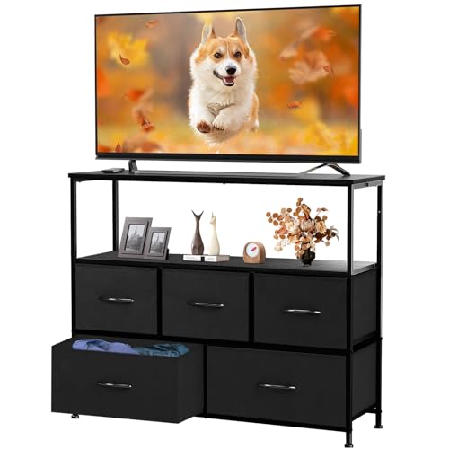 DUMOS TV Stand Dresser with 5 Fabric Storage Drawers, Media Console Featuring Open Shelf for 45 inch TV, Compact Entertainment Unit for Bedroom, Living Space, or Dorm Organization