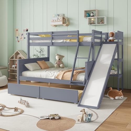 Twin Over Full Bunk Bed with Slide and Storage Drawers Wood Bunk Beds Frame with 2-Tier Shelves Bookcase for Kids Boys Girls Teens,Gray