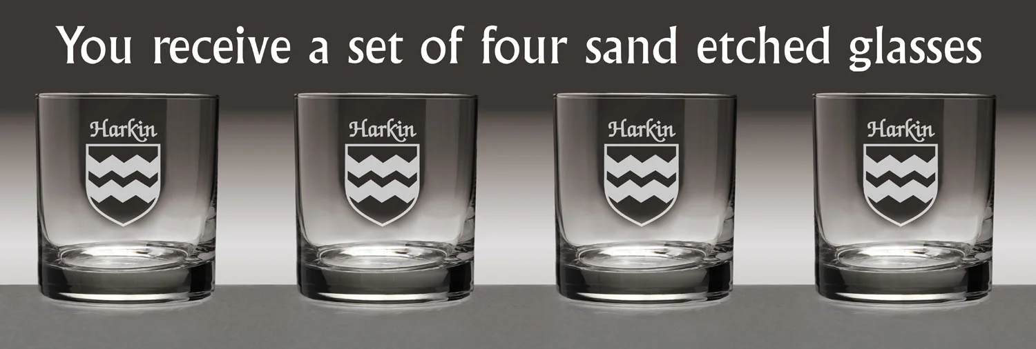 Harkin Irish Coat of Arms Tumbler Glasses - Set of 4 (Sand Etched)