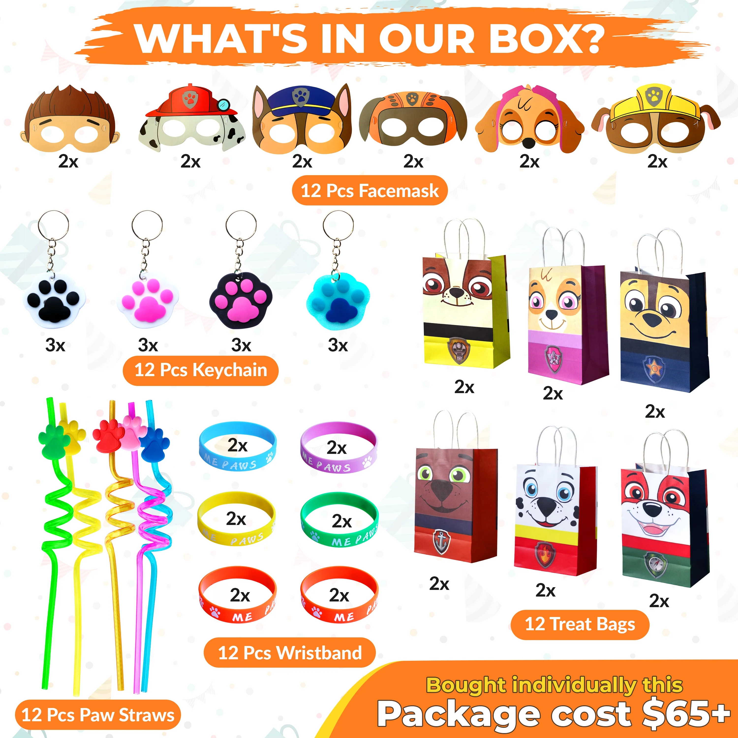 60 Pc Dog Paw Theme Party Supply Puppy Theme Paper Bags Wristband Straws Keychain Paw Favors For Kid Birthday