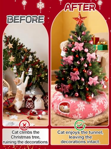 Cat Tunnel Christmas Tree Skirt for 5-7.5ft Trees - Prevent Christmas Tree Falling, Snowflake Patterns Warm Soft Cat Tube Bed with Anti-Slip Mat