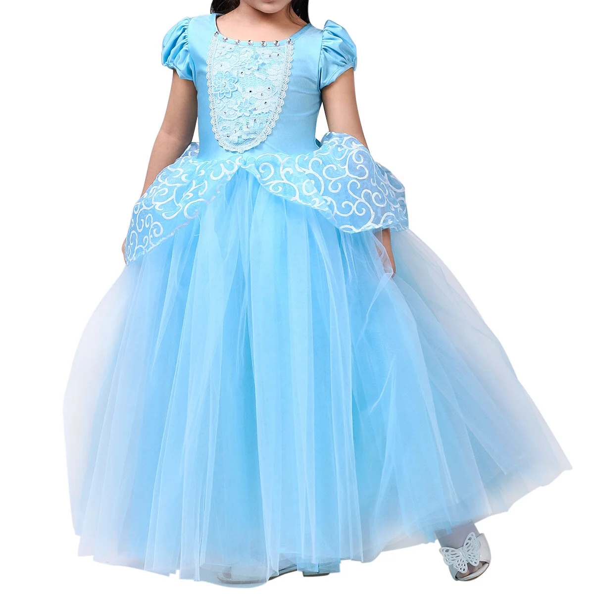 HAWEE Princess Cinderella Costume for Girls Puff Sleeves Fancy Party Blue Dress Up Cosplay Outfit
