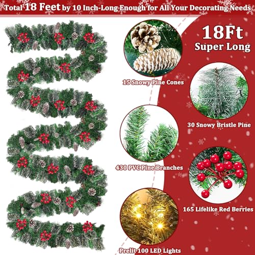 Remote Control&Super Long&8 Modes-18Ft Prelit Snowy Bristle Pine Christmas Garland for Stairs Door Porch Mantle Outdoor Indoor,100 Warm White&Color Switch Lights,Timer,460 Branches 165 Berry Pinecone