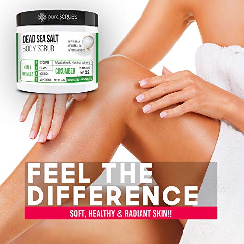 pureSCRUBS Premium Eucalyptus Body Scrub Set - Large 16oz Dead Sea Salt Body Scrub With Infused Essential Oils & Nutrients, Includes Wooden Spoon, Loofah & Oatmeal Exfoliating Bar Soap