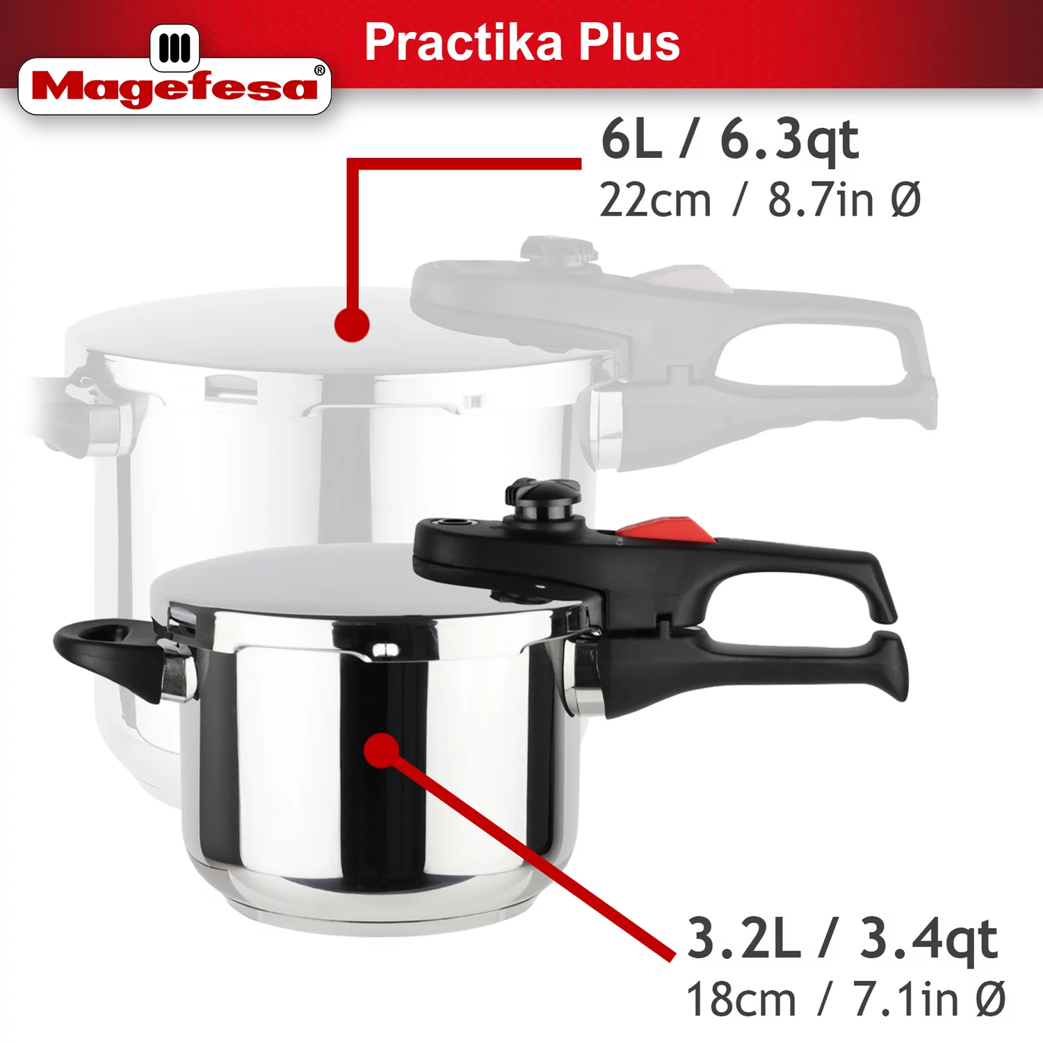 MAGEFESA ® Practika Plus Super Fast pressure cooker, 3.3 Quart, 18/10 stainless steel, suitable induction, excellent heat distribution, 5-layer encapsulated heat diffuser bottom, 5 safety systems