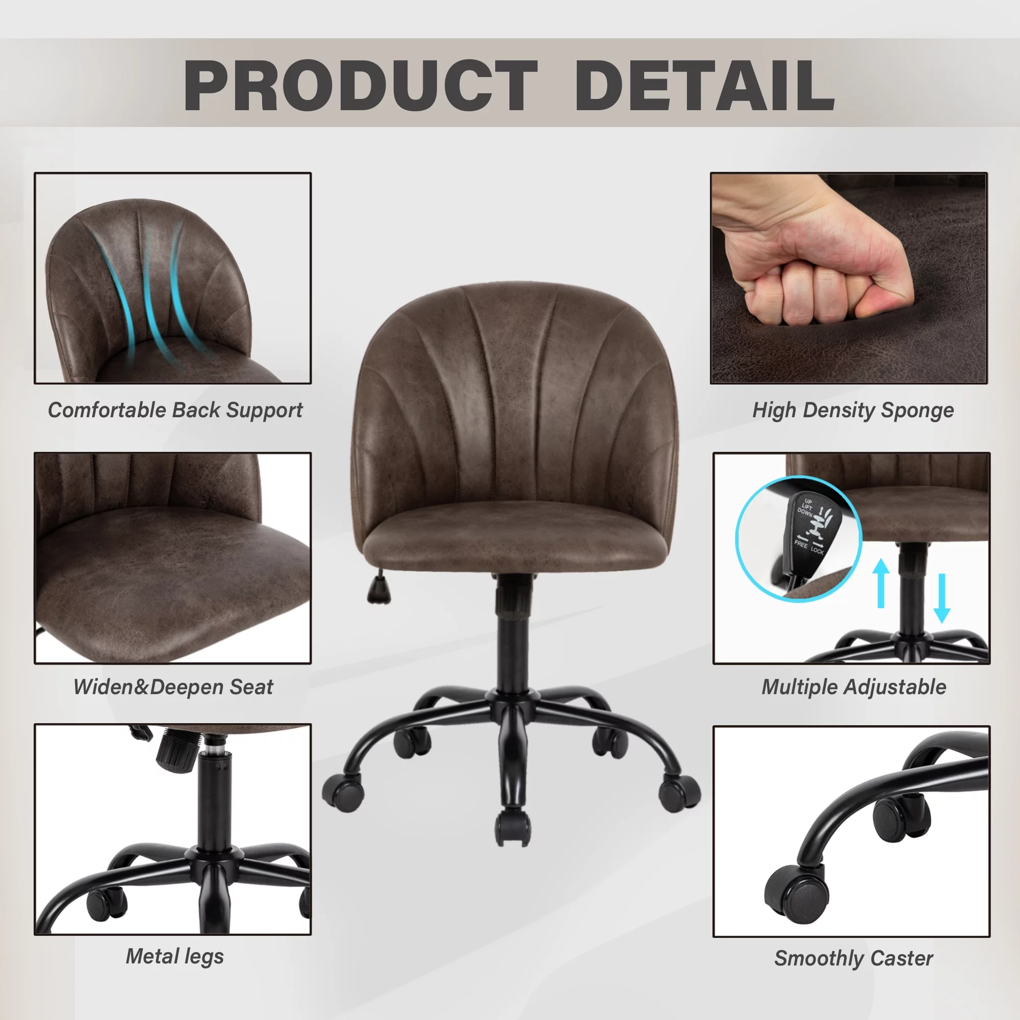 LEEJAY Ash Brown Faux Leather Swivel Desk Chair,Armless Adjustable Office Task Chair for Bedroom