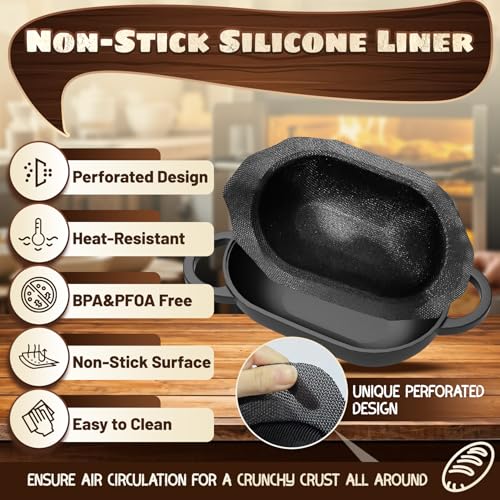 Enameled Cast Iron Oval Bread Oven with Non-Stick Silicone Liner, 2QT, Black, Mini Oval Homemade Sourdough Dutch Oven with Lid, Artisan Bread Loaf Pan for Homemade Bread Five-Years Free Replacement