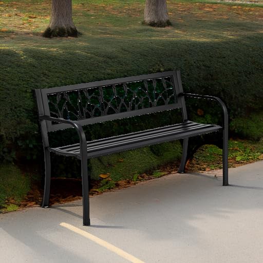 AVAWING Outdoor Metal Garden Bench, 2-Seat Patio Porch Bench with Steel Frame, Park Bench w/Pullout Middle Table＆ Cushion for Backyard Lawn Deck Entryway, Black