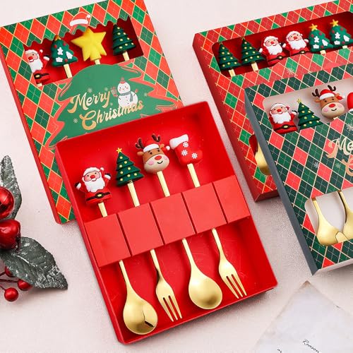 Forks and Spoons Set for Christmas, Christmas Cutlery, Coffee Spoons Coffee Stirrer Dessert Spoon Fruit fork, 4 Pack Xmas Dinner Forks Set Stainless Steel Set with Gift Box for Festive Celebrations