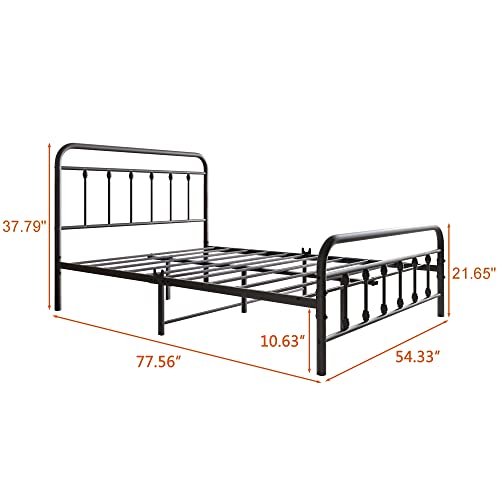 Vintage Full Size Bed Frame with Headboard and Footboard Mattress Heavy Duty Metal Platform, Steel Slat Support (Full, Black Sanded)