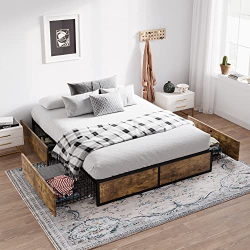 SHA CERLIN Queen Platform Bed Frame with Storage Drawers, Sturdy Metal and Wood Construction, Modern Design, No Box Spring Needed, Easy Assembly