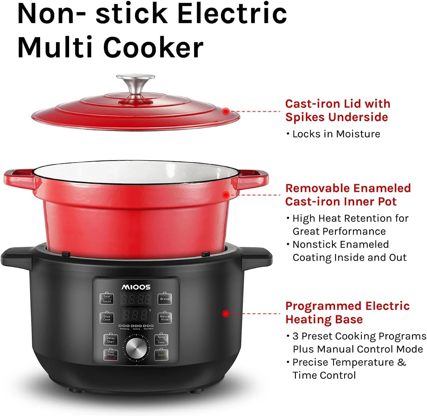 Electric Precision Enameled Cast Iron Dutch Oven 6 in 1 Multi Cooker 6 Qt Heavy Duty, Sear/Saute/Braise/Slow Cook/Keep Warm/Delay/Manual, Red